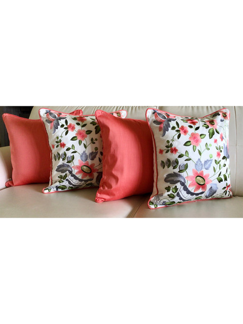 

TARA- Sparkling Homes Set of 4 Floral Square Cushion Covers, Pink