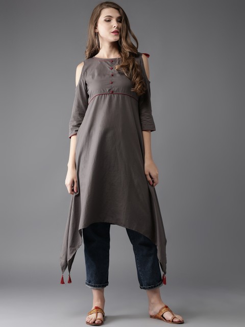 

Moda Rapido Women Grey Cold-Shoulder Asymmetric A-Line Kurta