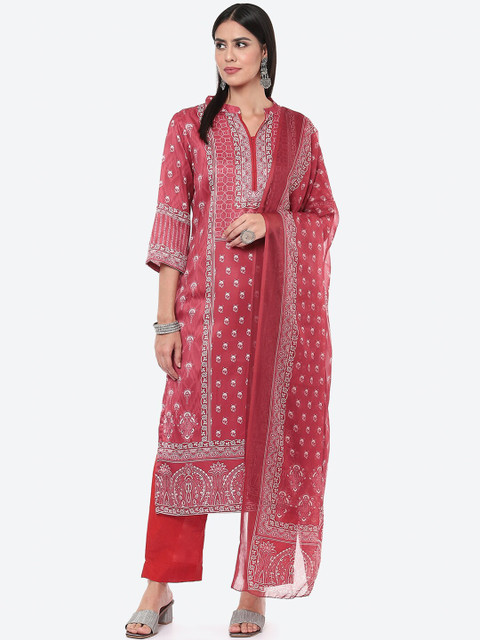 

Biba White Printed Unstitched Dress Material, Maroon
