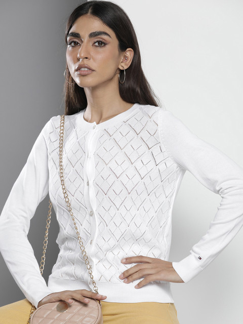 

Tommy Hilfiger Women White Self Design Open Knit Pure Cotton Cardigan Sweater