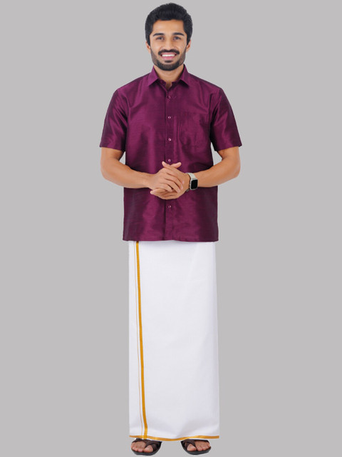 

Ramraj Men Solid Shirt With Dhoti Pants, Purple