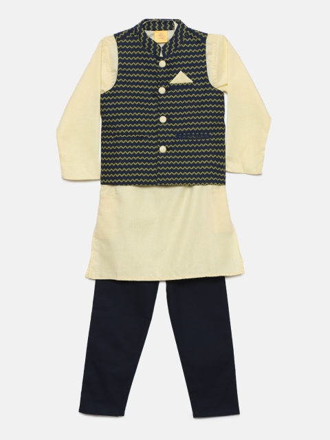 

612 league Boys Yellow & Navy Blue Solid Kurta with Nehru Jacket & Pyjamas
