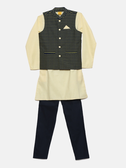 

612 league Boys Yellow & Navy Blue Solid Kurta with Nehru Jacket & Pyjamas