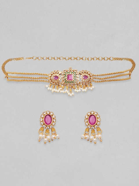 

Rubans 24K Gold Plated Pink & Green AD Stone-Studded Jewellery Set