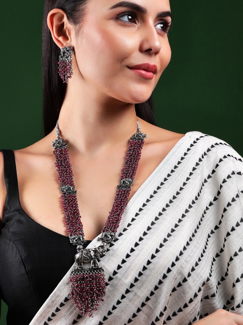 

Rubans Silver-Plated Pink Stone-Studded & Beaded Oxidized Jewellery Set