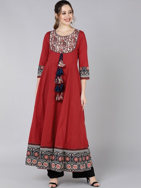 

Jaipur Folk Women Red Floral Yoke Design Anarkali Kurta