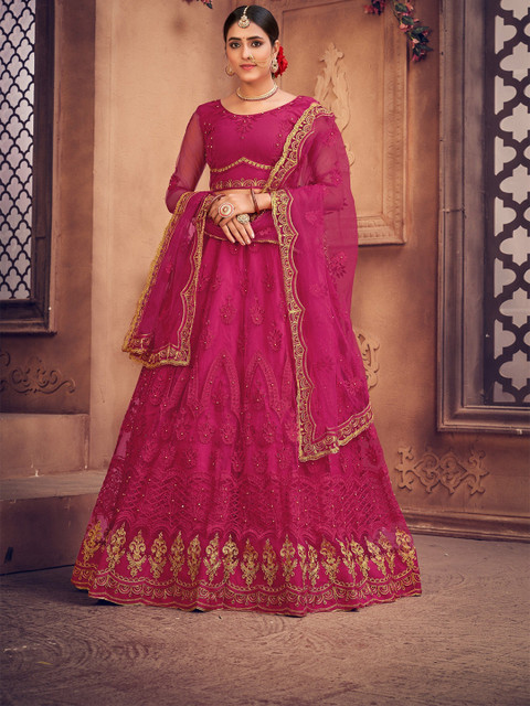 

Atsevam Pink & Gold-Toned Embroidered Thread Work Semi-Stitched Lehenga & Unstitched Blouse With Dupatta