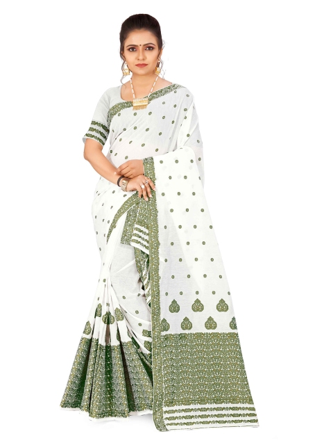 

Skirans Olive Green & White Woven Design Saree