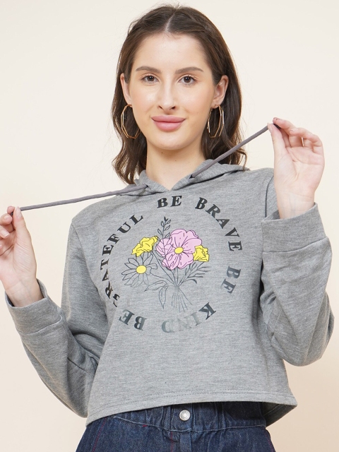 

DressBerry Women Grey Printed Hooded Crop Sweatshirt