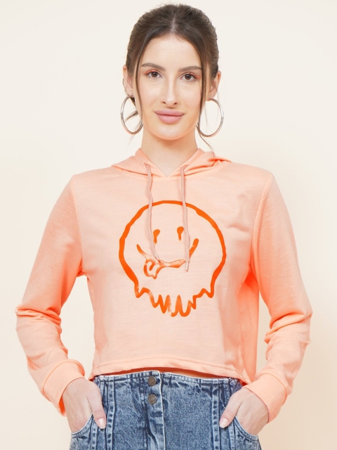

DressBerry Women Peach-Coloured Printed Hooded Crop Sweatshirt