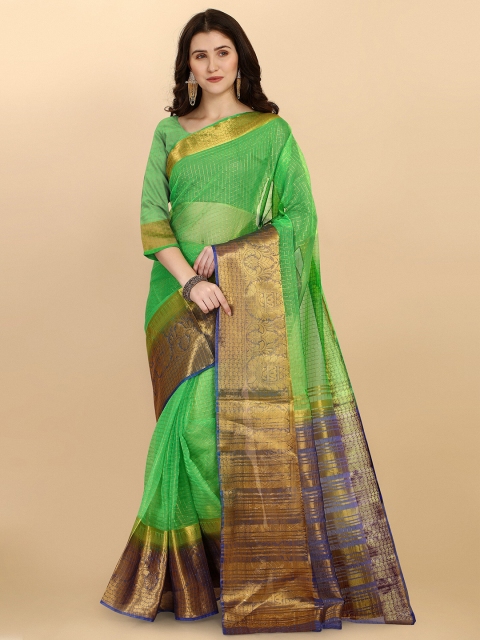 

TEREZA Lime Green & Gold-Toned Checked Zari Organza Banarasi Saree