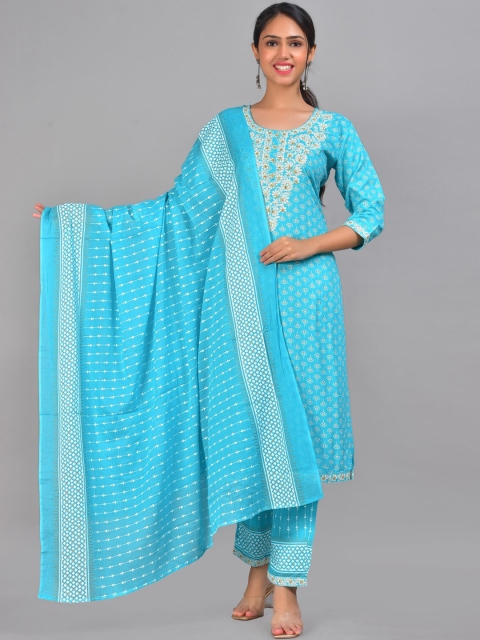 

KALINI Women Blue Floral Embroidered Pure Cotton Kurta with Trousers & With Dupatta