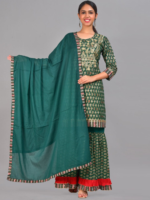 

KALINI Women Green Floral Printed Pure Cotton Kurta with Sharara & With Dupatta