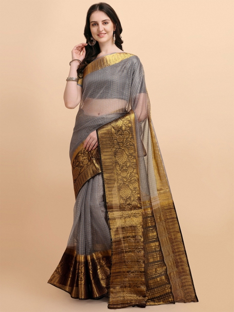 

TEREZA Grey & Black Checked Zari Organza Banarasi Saree