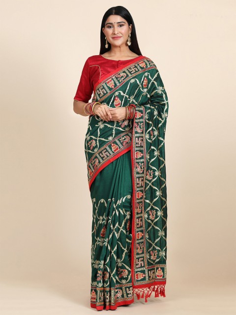 

ASPORA Green & Red Ethnic Motifs Embroidered Silk Blend Heavy Work Patola Saree