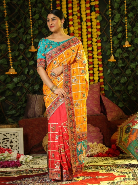 

ASPORA Orange & Blue Embellished Embroidered Silk Blend Heavy Work Patola Saree