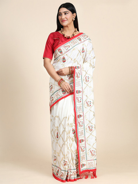 

ASPORA White And Red Kalamkari Woven Design Embroidered Border Heavy Work Patola Saree