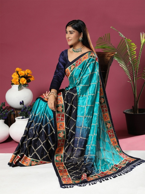 

ASPORA Blue And Gold Toned Checked Zari Embroidered Heavy Work Patola Saree