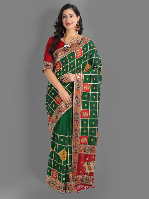 

ASPORA Green And Red Checked Zari Embellished Heavy Work Patola Saree