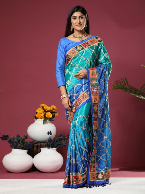 

ASPORA Blue And Gold Toned Embroidered And Embellished Heavy Work Patola Saree