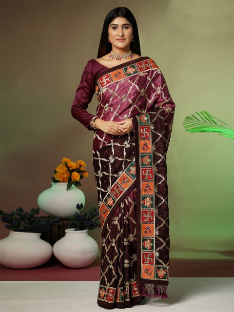 

ASPORA Purple And Gold Toned Floral Embroidered Heavy Work Patola Saree