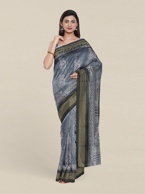 

Pothys Grey & Gold-Toned Paisley Zari Saree