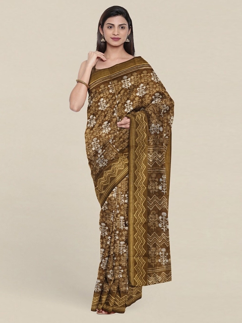 

Pothys Khaki & Gold-Toned Floral Zari Saree