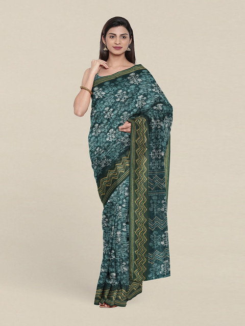 

Pothys Blue & Gold-Toned Floral Zari Saree