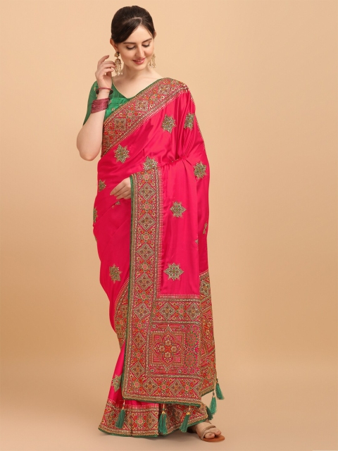 

Amrutam Fab Pink & Green Ethnic Motifs Embroidered Pure Silk Ready to Wear Saree