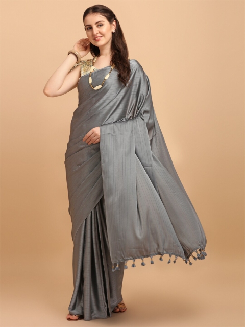 

Amrutam Fab Grey & Beige Striped Saree With Digital Printed Blouse Piece