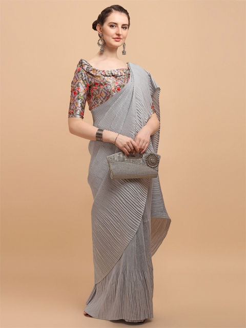 

Amrutam Fab Grey Satin Pleated Pure Silk Saree With Blouse piece