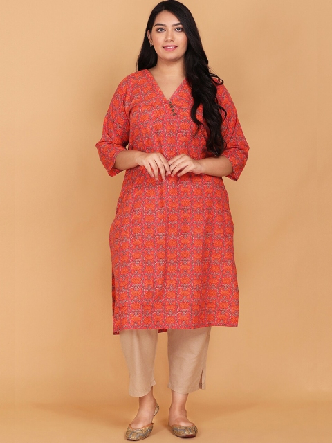 

LastInch Women Plus Size Orange Ethnic Motifs Printed Kurta