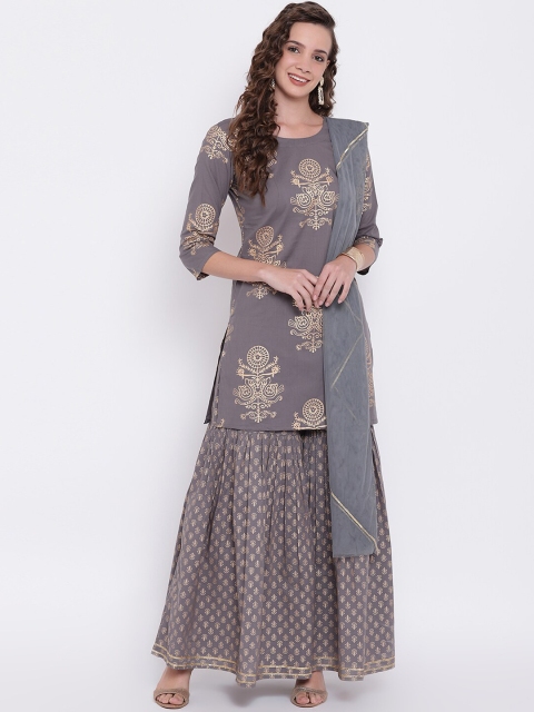 

Divena Women Grey Printed Pure Cotton Kurta with Sharara & With Dupatta
