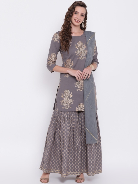 

Divena Women Grey Floral Printed Pure Cotton Kurta with Sharara & With Dupatta