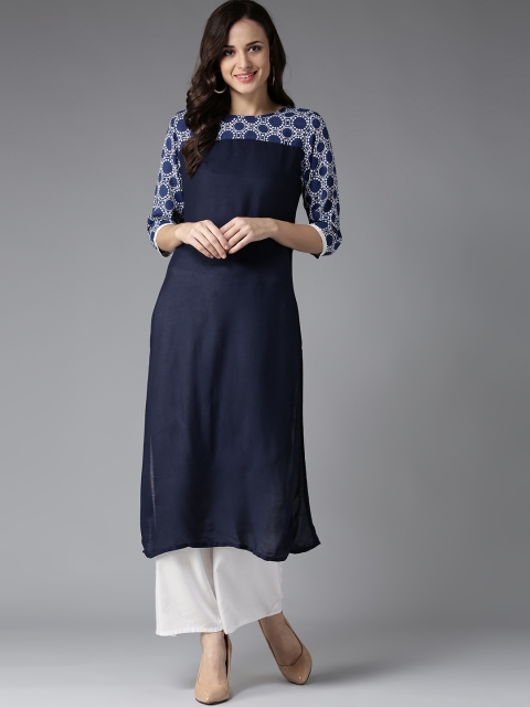 

HERE&NOW Women Navy Blue Printed Detail Straight Kurta