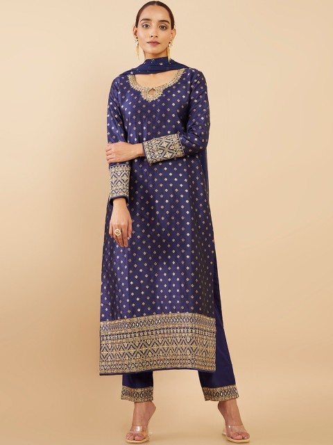 

Soch Women Navy Blue Woven Design Silk Blend Kurta with Trousers & With Dupatta