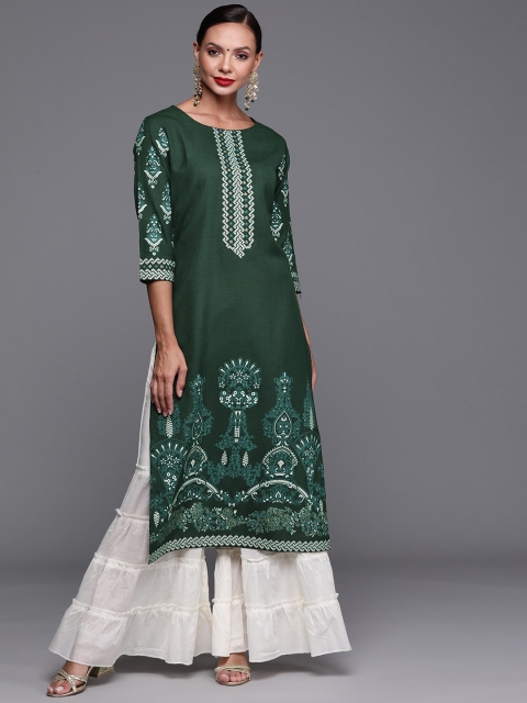 

KALINI Women Green Geometric Yoke Design Mirror Work Kurta