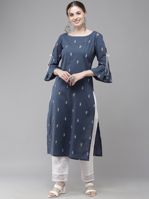 

KALINI Women Navy Blue & White Printed Flared Sleeves Chanderi Cotton Kurta