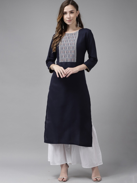 

KALINI Women Navy Blue Yoke Design Cotton Straight Kurta