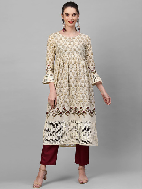 

KALINI Women Cream-Coloured Printed Flared Sleeves Kurta