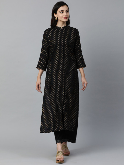 

KALINI Women Black & Gold-Toned Geometric Printed Kurta