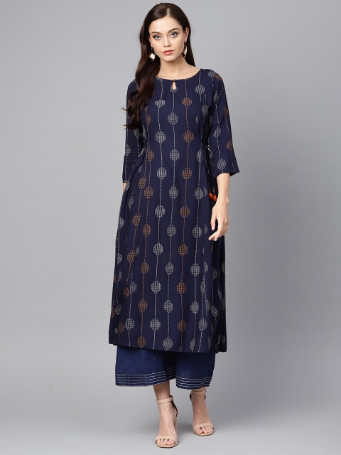

KALINI Women Navy Blue Geometric Printed A-line Kurta