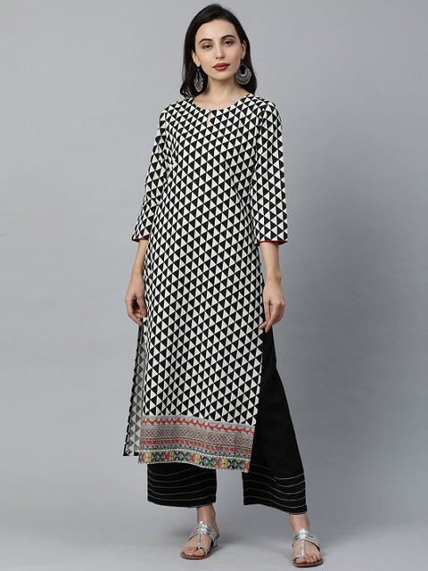 

KALINI Women Black Geometric Printed Keyhole Neck Kurta