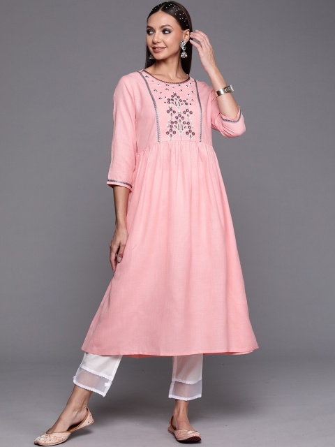 

KALINI Women Pink Floral Yoke Design Thread Work Kurta
