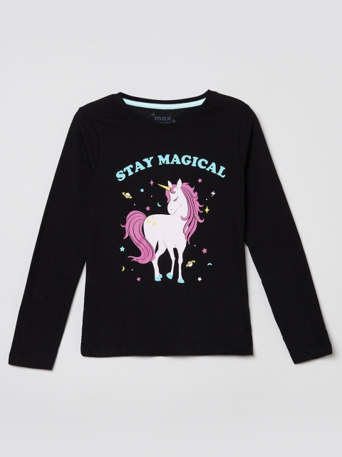 

max Girls Black Typography Printed Applique T-shirt