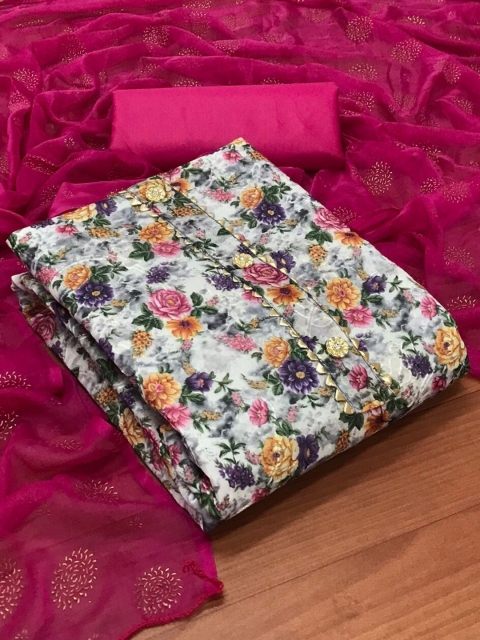 

MORLY Pink & Off White Dupion Silk Unstitched Dress Material