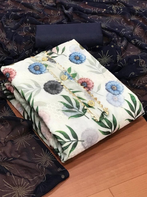 

MORLY Blue & Green Dupion Silk Unstitched Dress Material
