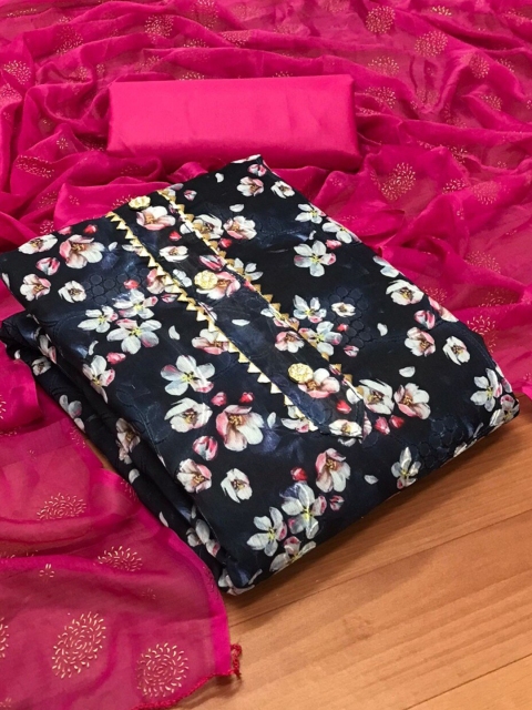 

MORLY Pink & Black Dupion Silk Unstitched Dress Material