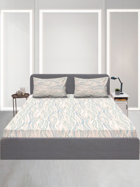 

SLEEPX White & Blue Graphic 120 TC King Bedsheet with 1 Pillow Covers