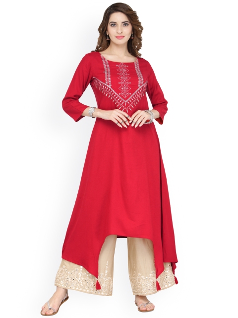 

Varanga Red Viscose Zari Embroidery Kurta With Palazzo